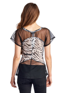 Women's Animal Print Burnout Mesh V-Neck Top