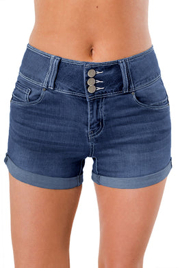 Blue Triple Button High Waisted Denim Shorts