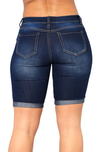 Dark Blue Denim Ripped Bermuda Shorts