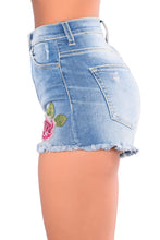 Rose Embroidered Whiskered Cuff Medium Blue Denim Shorts