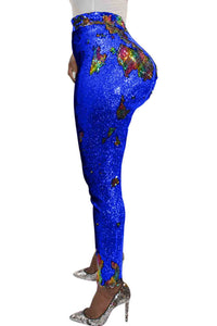 Blue High-Waist Retro Sequin Leggings