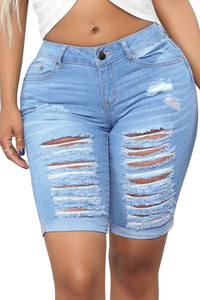 Light Blue Denim Ripped Bermuda Shorts