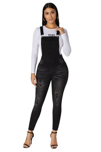 Black Wash Distressed Jeans Overalls