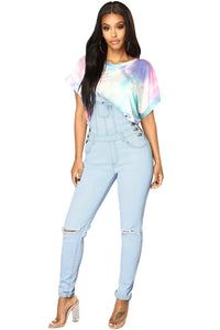 Light Blue Wash Knee Slit Denim Overalls