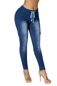 Medium Blue Drawstring Ankle Pocket Denim Jeans