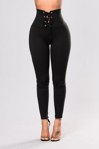 Black Lace-up High Waist Cincher Leggings