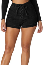 Black Lace Up Front Cotton Jean Shorts