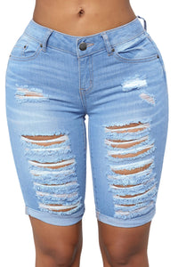 Light Blue Denim Ripped Bermuda Shorts