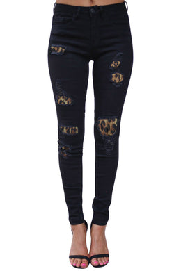 Leopard Patch Detail Black Distressed Jeans