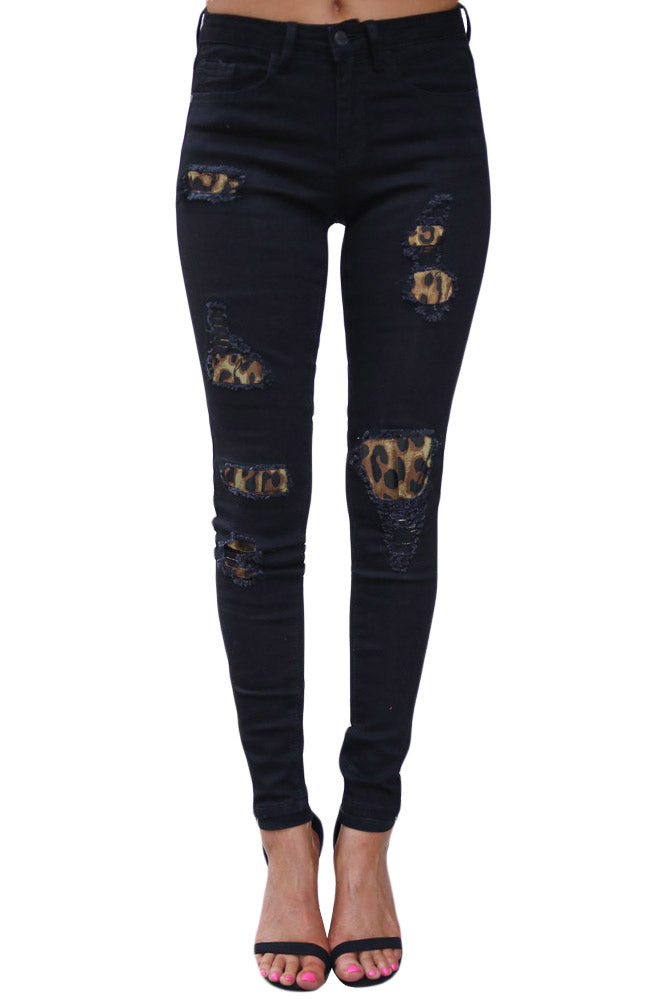 Leopard Patch Detail Black Distressed Jeans